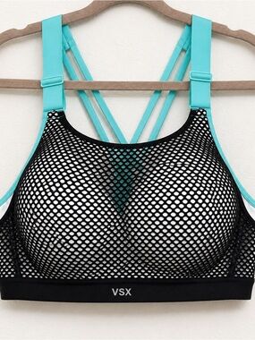 VSX Black mesh Sports Bra with Aqua cross Straps 36c padded Victoria’s Secret